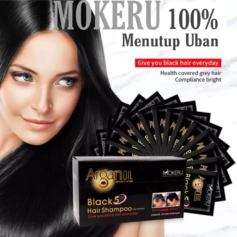 MOKERU Argan Oil Herbal, Perwarna Rambut Hitam gelap, dalam kemasan Ekonomis 25ml, untuk Wanita dan pria, menutup Rambut beruban