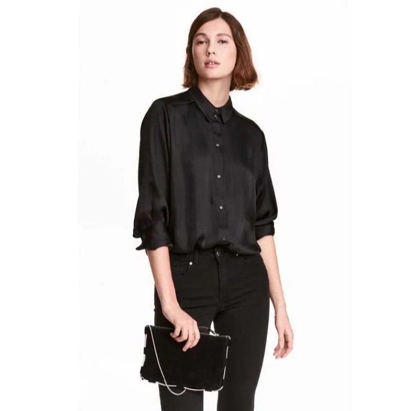 H&M 99 LS Shirt - Black - Baju Atasan Kemeja Kerja Hitam Polos Lengan Panjang Wanita Original