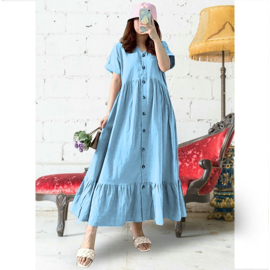 HOPYLOVY - Maxi Dress Wanita Lengan Pendek Bahan Rayon Premium Maudi-Softblue