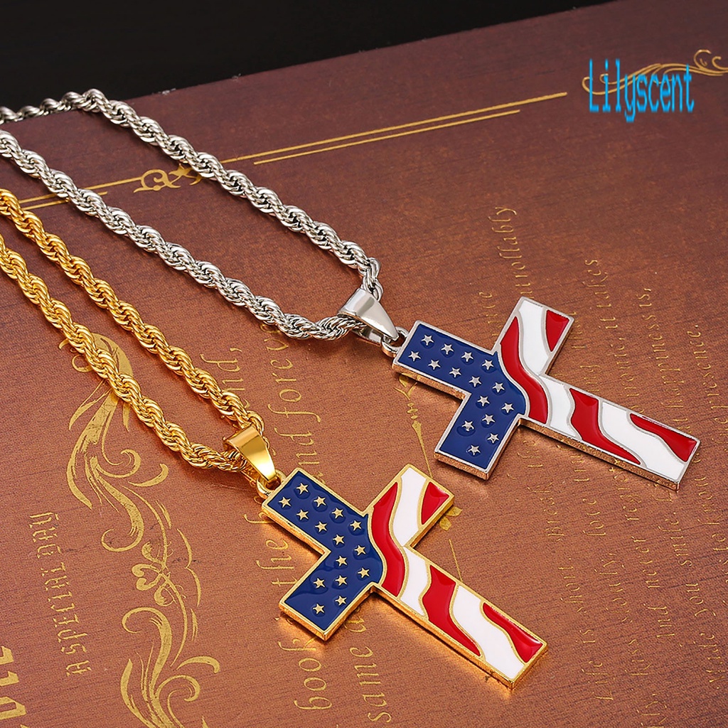 Lily Kalung Rantai Liontin Salib Motif Print Bendera Amerika / National Warna-Warni Untuk Pria