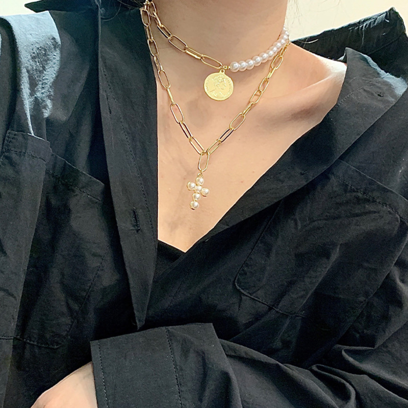 Kalung Rantai Mutiara Model Double Cross Gaya Retro Untuk Aksesoris