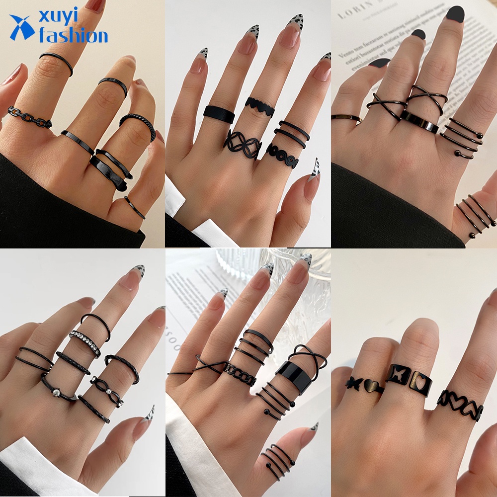 Set Cincin Desain Salib Ular Butterfly Hati Warna Hitam Untuk Aksesoris Perhiasan Wanita