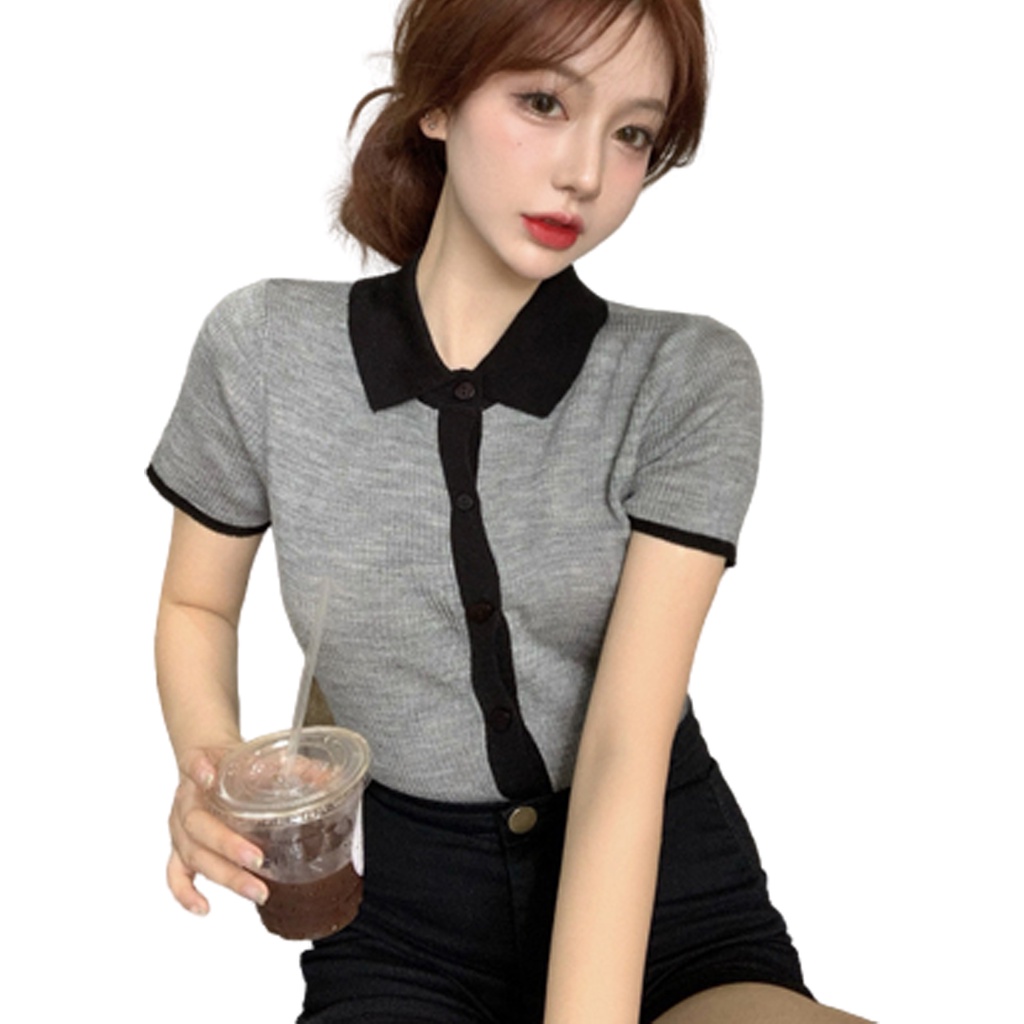 BAJU RAJUT POLO KNIT WANITA GAYA KOREA CROP POLO SHIRT IMPOR