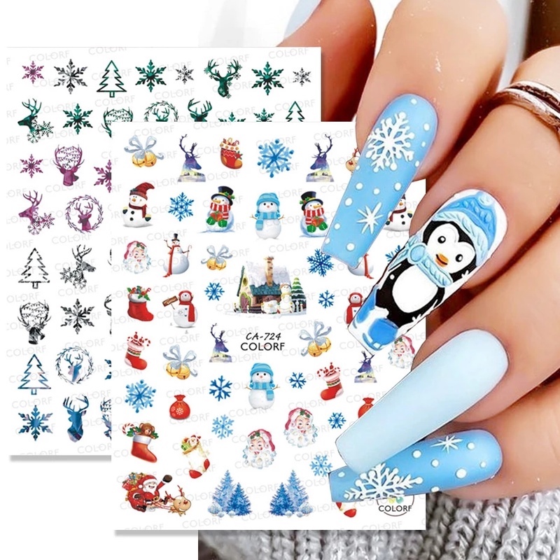 (1 Lembar) Stiker Kuku 3d Motif Snowflake / Rusa / Pohon Natal Untuk Nail Art Diy