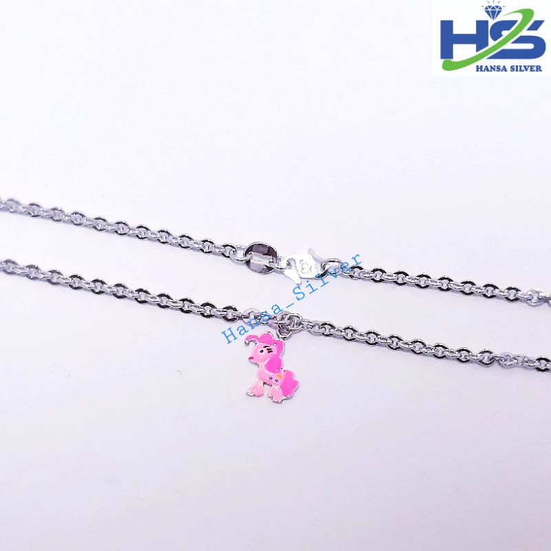 Kalung Perak Anak Asli Silver 925 Lapis Emas Putih Model Rantai Nori Liontin Kuda Poni Cat Pink