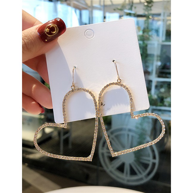 LRC Anting Gantung Fashion Love Hollow Rhinestone Heart Earrings D55285