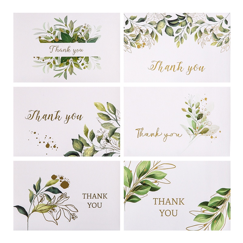 6 Pcs INS Bronzing THANK YOU Greeting Cards with Envelopes Green Leaves Message Cards