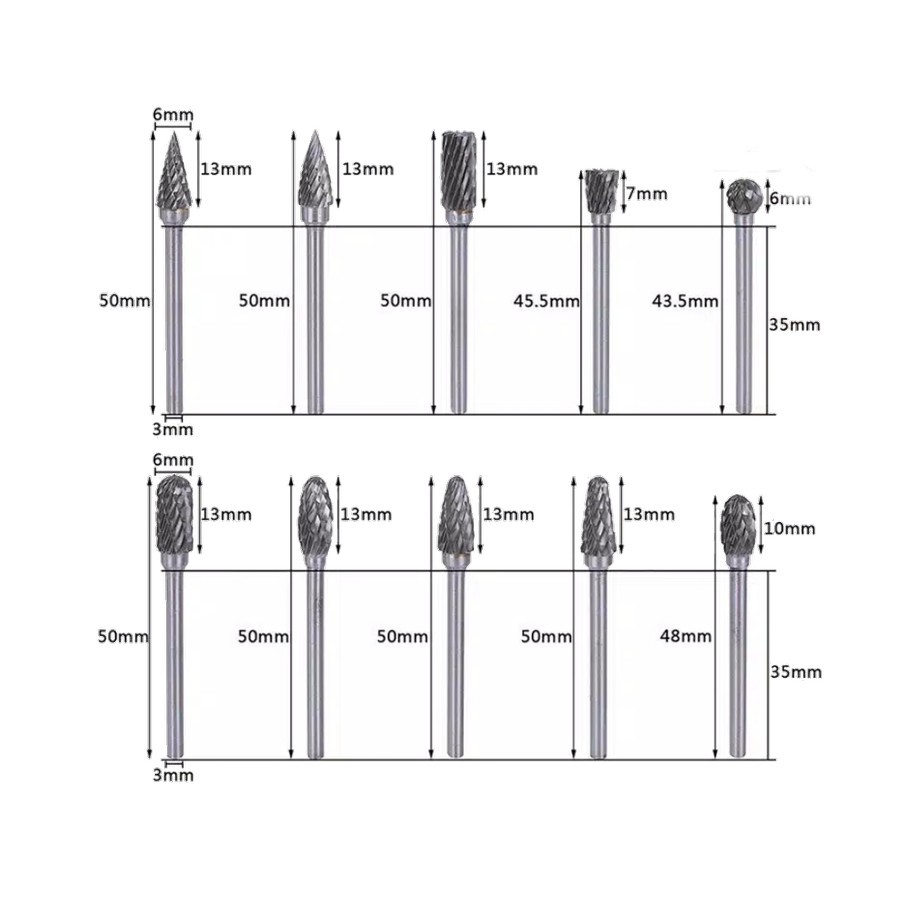 Mata Bor Tuner Tungsten Mini Grinder Set 10 pcs HSS Ukir Pahat Kikir isi 10pcs Gerinda Bor Mini 3mm