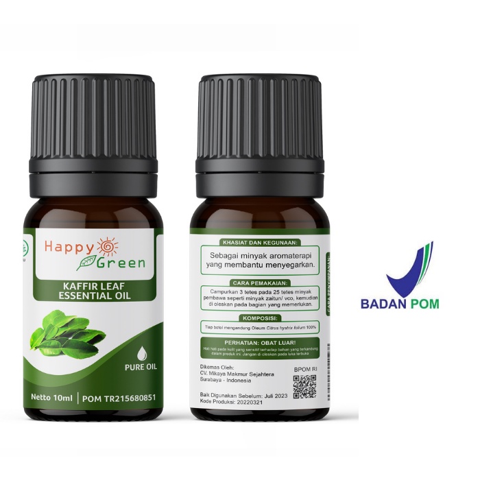 BPOM Happy Green Kaffir Leaf Essential Oil - Minyak Atsiri Daun Jeruk Purut 100% Murni Garansi Uang Kembali