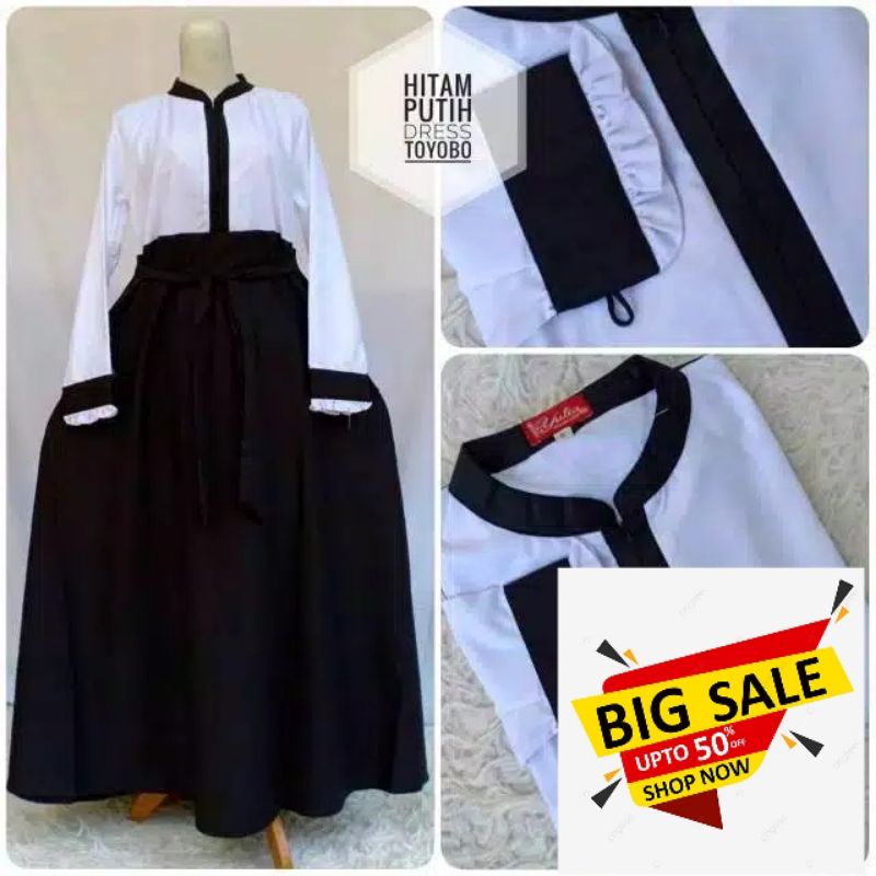 Baju Gamis Wanita Muslim Seragam Kantor Hitam Putih Murah Katun Toyobo Formal Wawancara Tes Kerj-1