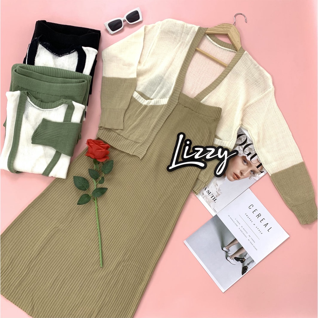 Lizzy - ONE SET RAJUT TWO TONE CARDIGAN DAN ROK KNIT PREMIUM