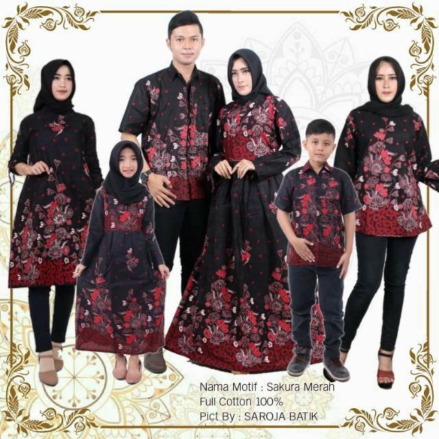 Saroja (083) Couple Keluarga Batik Gamis Batik Katun Premium Motif Sakura Merah