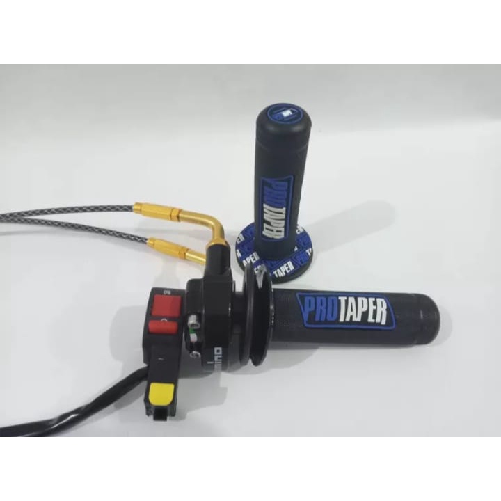 Paket gas spontan domino+2 kabel gas serat karbon 190cm+grip protaper+saklar engine+L gas gold,bisa untuk semua jenis motor