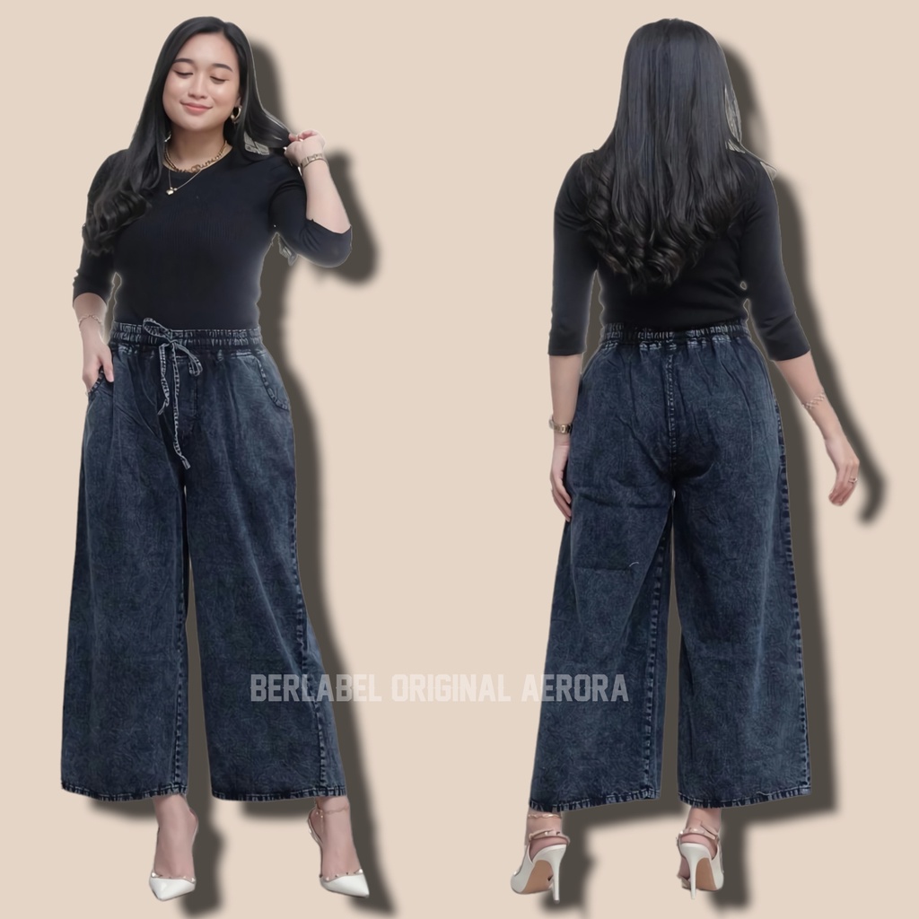 Basic Celana Kulot Palazzo Jeans Jens Panjang Jins Rawis Jumbo Wanita Hight Waist Kekinian Pinggang Karet Premium Lp 75-110 P 92 Allsize