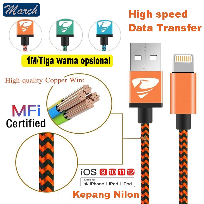 iPhone Fast Charging Kabel 1M high quality For ipad transmisi data Kepang Nilon Cable Fast Charging Kabel