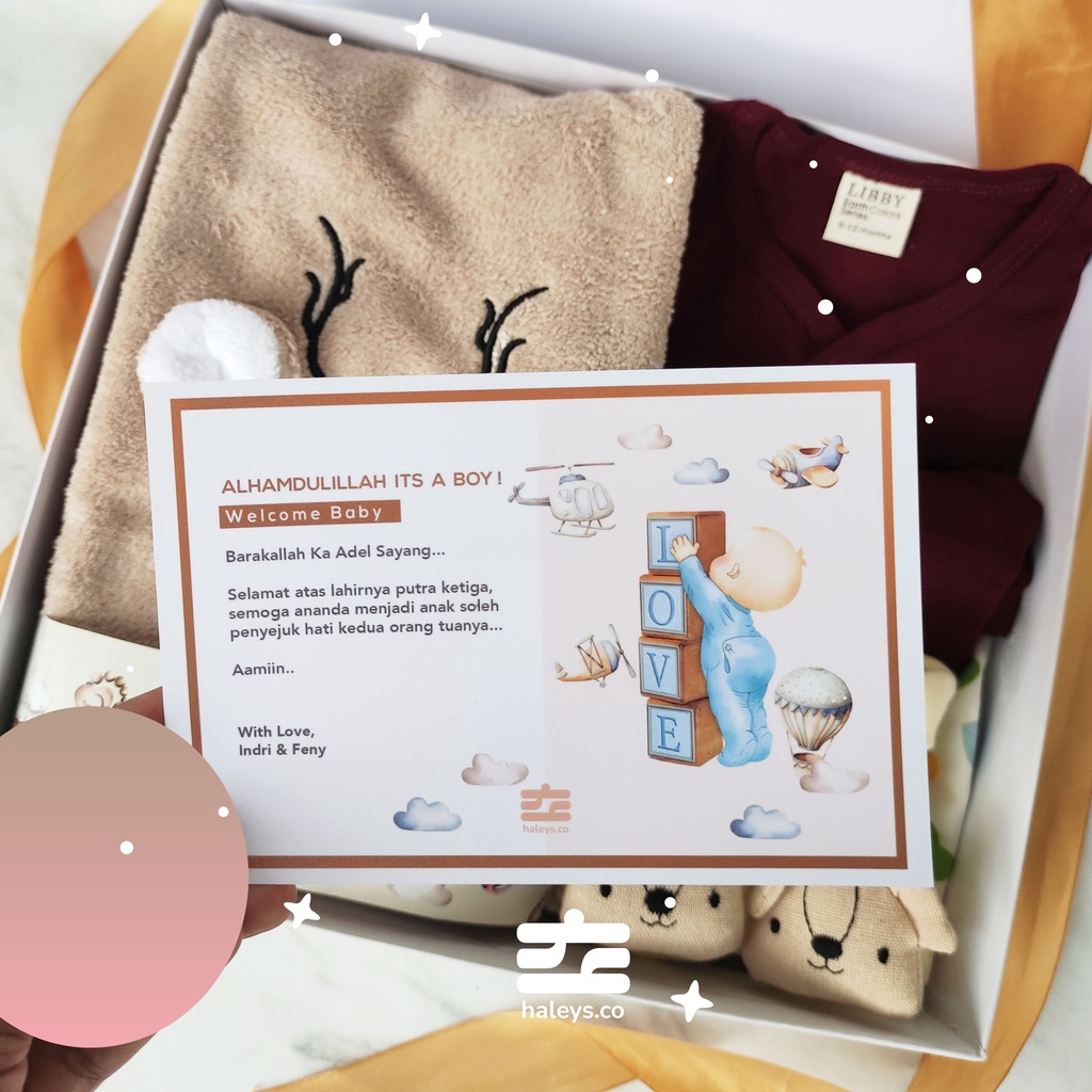 Haleys.co | Ginger Brown Boys Baby Hampers 0-12 months/ Hampers bayi newborn/ Kado bayi/ Babyboy Gift / Kado Lahiran / Giftbox / Kado Bayi Perempuan / Girl Hampers baby / Kado bayi laki laki / Paket Kado Bayi