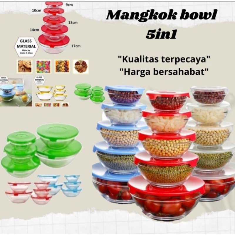 MANGKOK 5 SUSUN KACA/KIMGLAS/MANGKOK BERANAK/MANGKOK KACA SET ISI 5 SUSUN