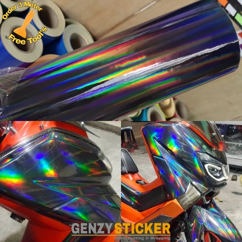 sticker scotlite hologram laser stiker skotlet hologram hitam pelangi glossy