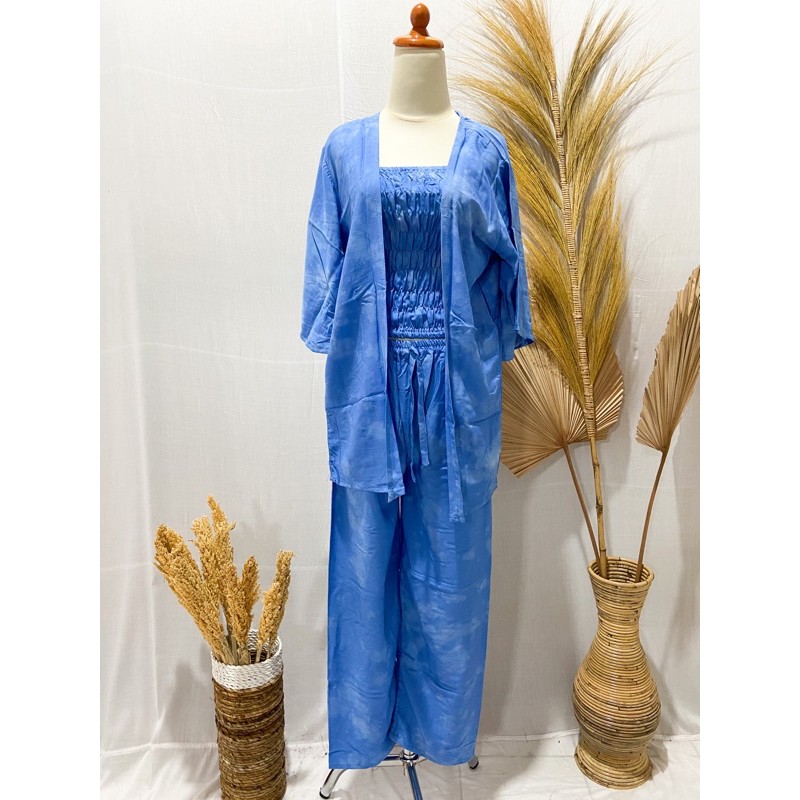 PUSAT FASHION WANITA TERLARIS SETELAN CARDIGAN KEMBEN TIE DIE BALI | VIRAL | KEKINIAN-Biru