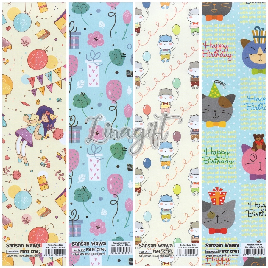 ( 5 Lembar ) BDAY SANWA - KERTAS KADO HAPPY BIRTHDAY - GIFT WRAP PAPER SANSAN WAWA BALON / CELEBRATION / PESTA ULANG TAHUN / ANIMAL / SHARK / ULANG TAHUN / HADIAH