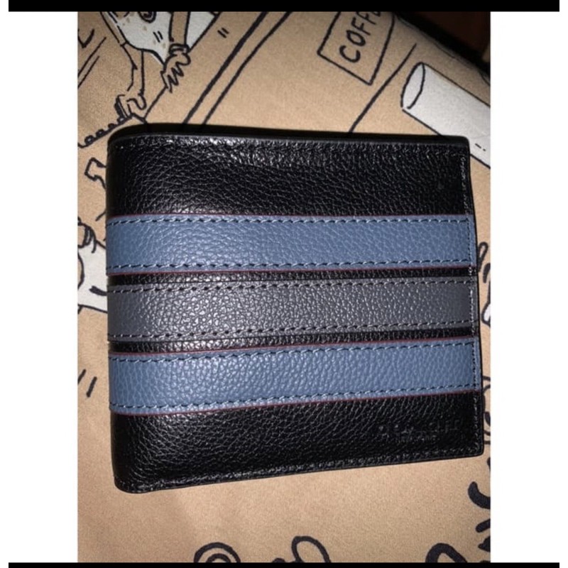 Dompet pria Coach Stripe Hitam Biru Original