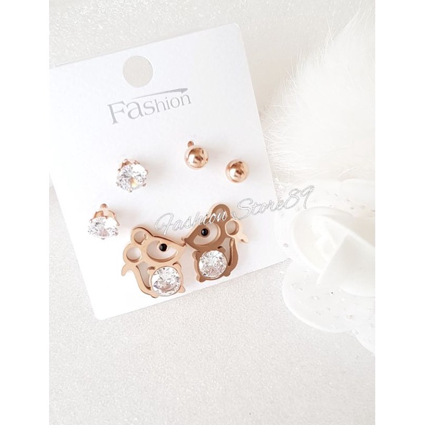 Anting Set 3 Rabbit Anting Tusuk Pentol Anting Tusuk Permata Zircon Rosegold Titanium impor Antikarat Anting Set3 Titanium Rosegold