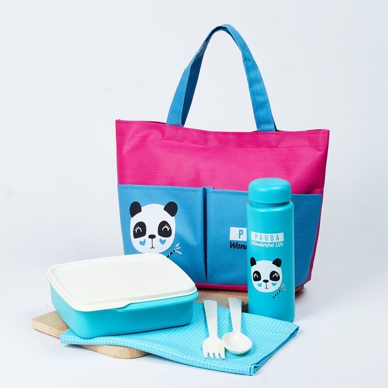 Kotak Makan set Dengan Tas Bekal / Shuga Lunch Bag set of 4 pcs PANDA