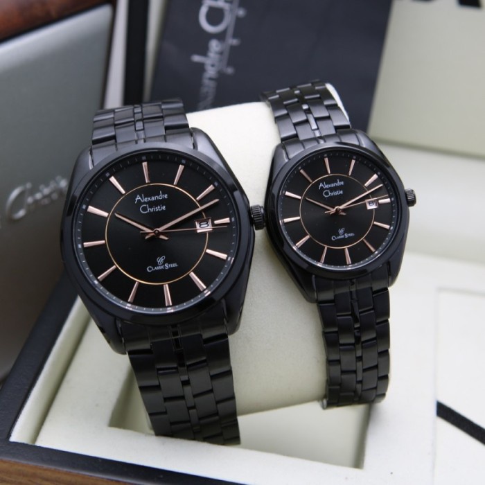 Jam tangan couple Alexandre Christie AC 8578 AC8578 black rg Garansi