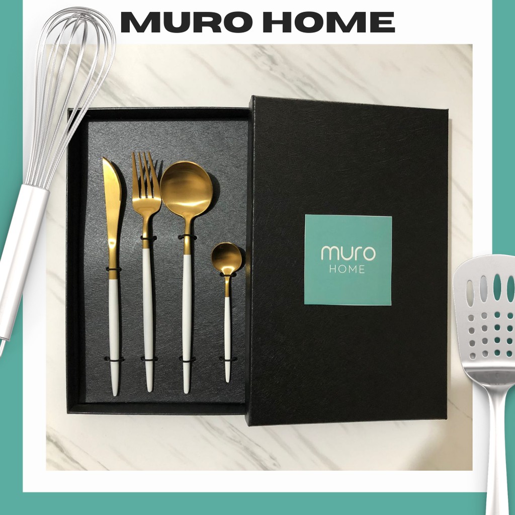 Sendok Makan Cutlery Korea Garpu Set Box Stainless Steel Travel Gold Emas Peralatan Makan Korea