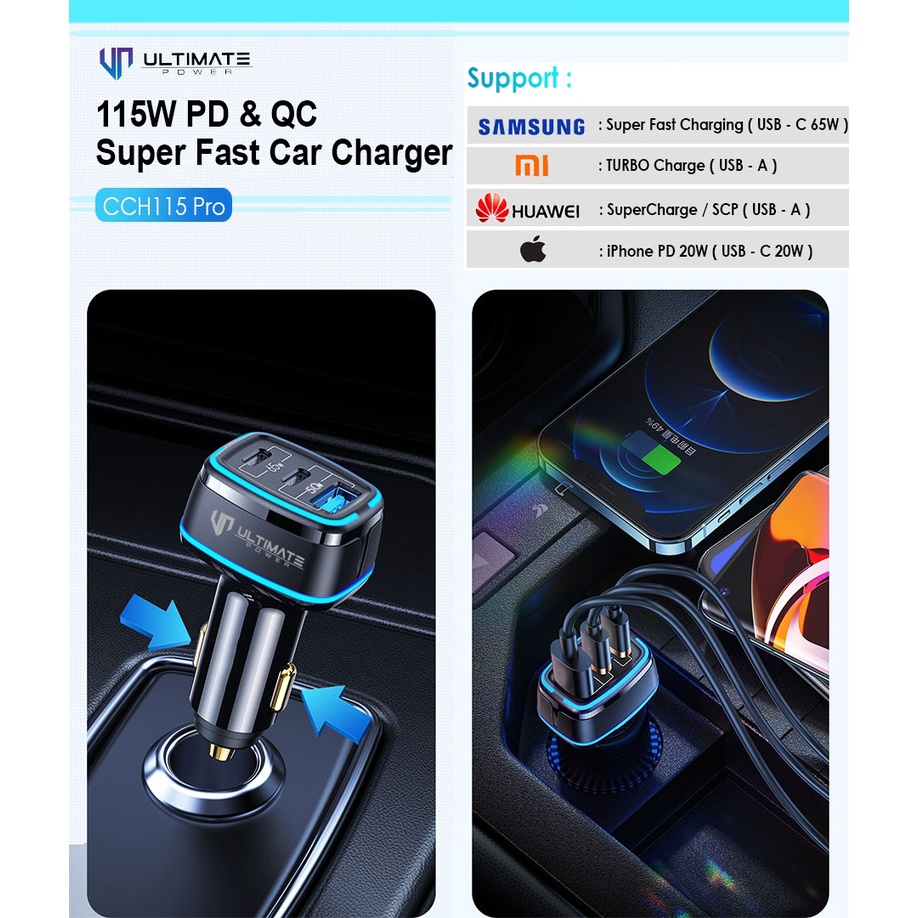 Ultimate Power 115W PD + QC 3Port Super Fast Car Charger CCH115 Pro