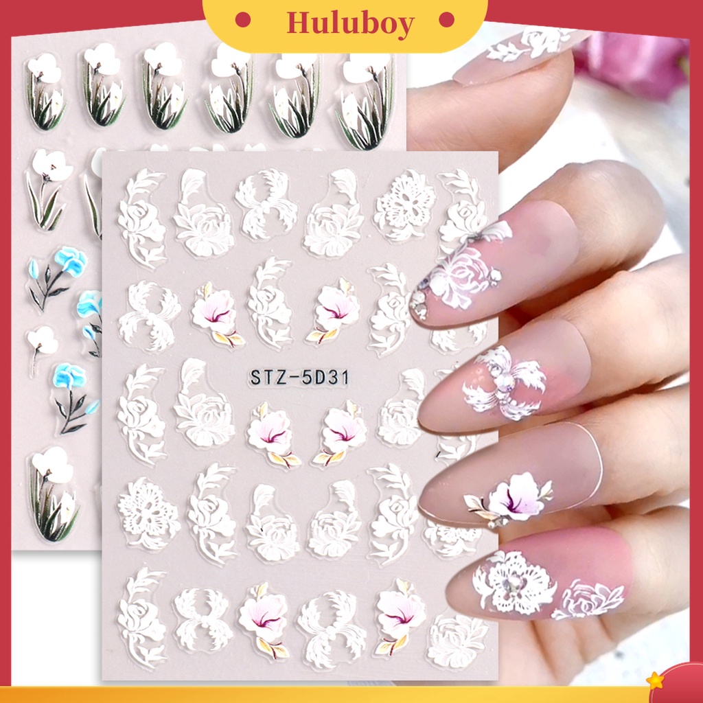 Huluboy Huluboy♡ Stiker Kuku Motif Bunga Timbul Untuk Dekorasi Nail Art