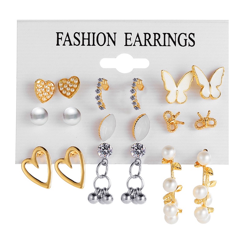 9 Pasang / Set Anting Tusuk / Bulat / Bulat / Rantai / Hati / Kupu-Kupu Bahan Alloy Warna Gold Untuk Wanita
