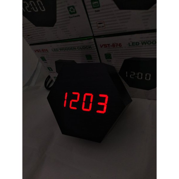 Jam Meja Digital Led Weker Digital Wood Alarm Clock 876 black red