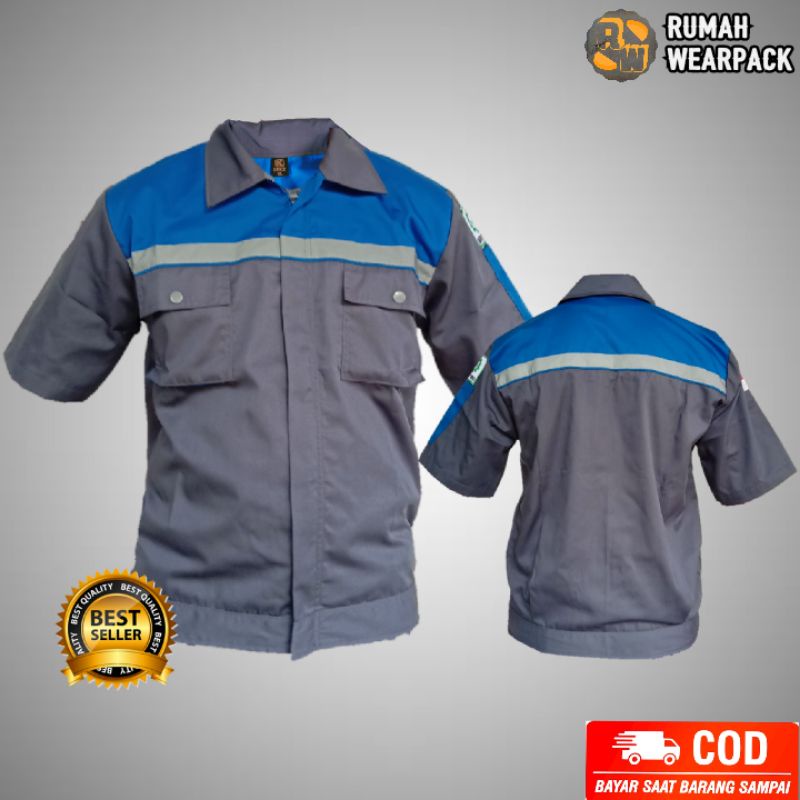 Baju Kerja/ Wearpack Proyek Lengan Pendek Warna Abu Tua Kombinasi Biru BCA