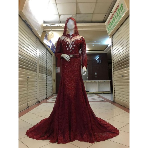 Gaun Slim Pengantin Duyung Maroon,Navy,Moca dan Putih