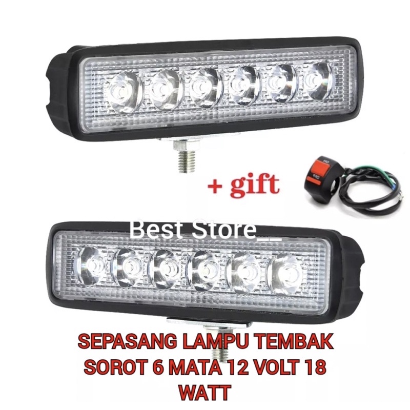 sepasang lampu ledbar 6 mata panjang dan saklar on of stang lampu led sorot motor dan mobil