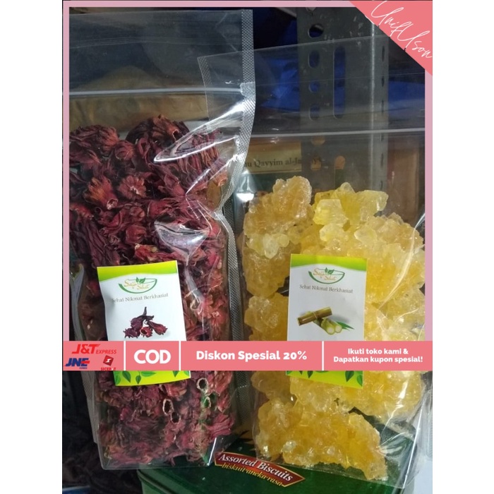 

⭐COD⭐ (Paket Hemat) Teh Rosella Merah Organik & Gula Batu Herbal Kristal 1KG