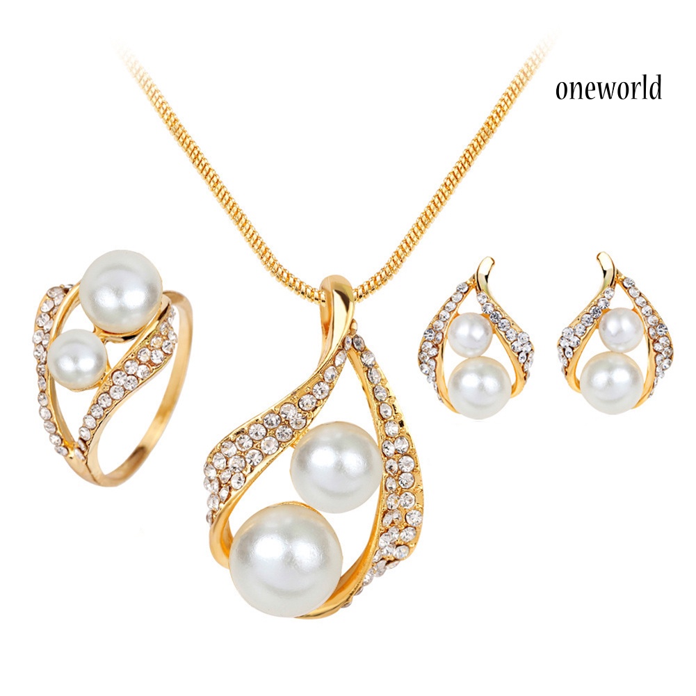 OW@ Wedding Bridal Imitation Pearl Rhinestone Hollow Stud Earrings Ring Necklace Set