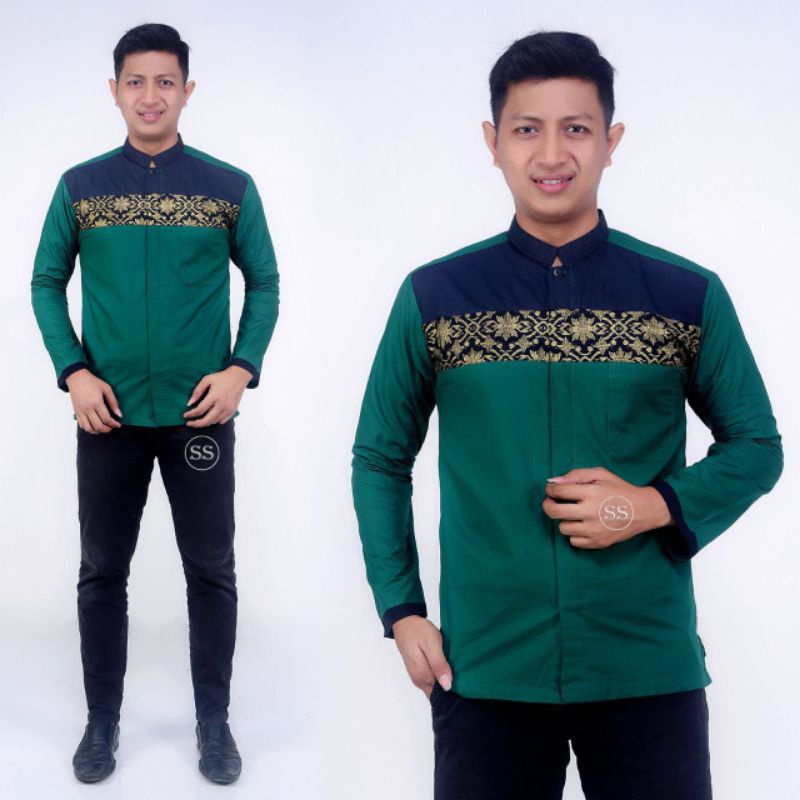 baju koko atasan muslim pria dewasa lengan panjang warna hijau botol batik veldanava pekalongan