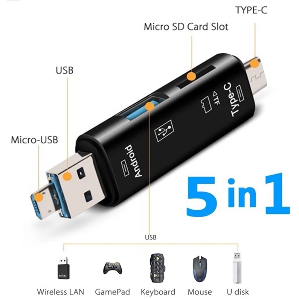 Actual【COD】Card Reader OTG 5 in 1 USB 3.0 Type C Fit For Micro SD/TF/Memory Card /Adaptor/Card Reader/Multifunction/Handphone/Computer/Notbook