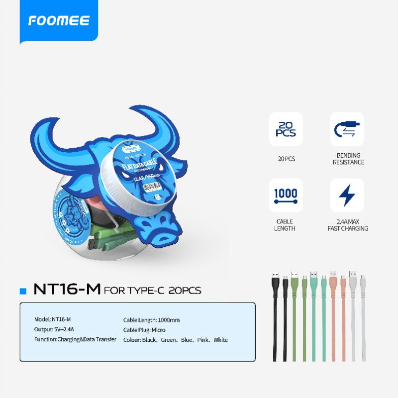 FOOMEE NT16 KABEL DATA MICRO/TYPE C/LIGHTNING (1 TOPLES ISI 20 PCS) 1M FAST CHARGER ORIGINAL FOOMEE