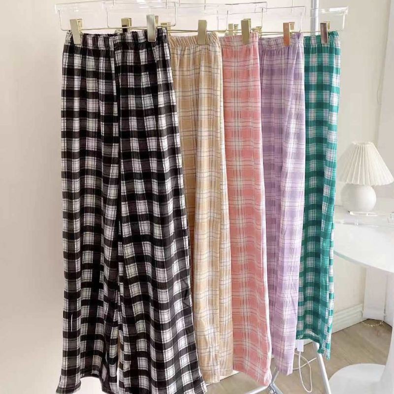 Celana Kotak Wanita Celana Highwaist Wanita Kulot Celana Korea Pinggang Elastis Celana Tartan