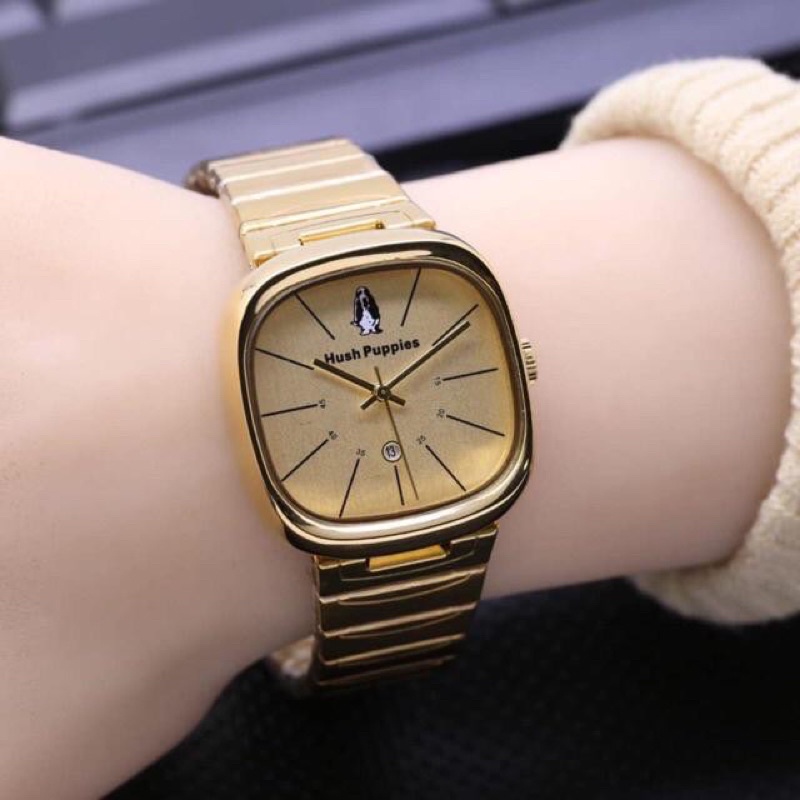 (GOOD QUALITY) Jam Tangan Wanita/Cewek Hush Puppies Segi Full Stainless Tanggal Aktif-D (FULL GOLD)