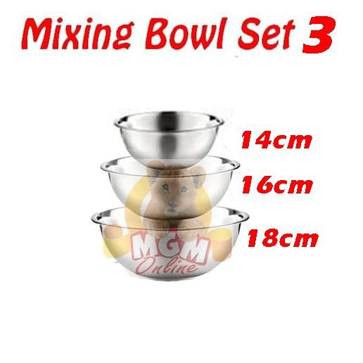 Baskom stainless set 3 TEBAL - Stainless Mixing Bowl 14cm to 18cm