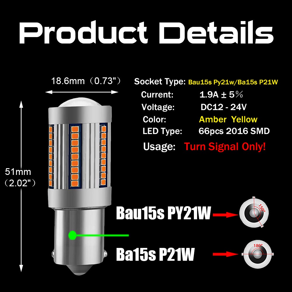 2pcs Lampu LED Bau15s PY21W Ba15s P21w T20 7440 Canbus Error Free No Hyper Flash 12V-24V Untuk Sein Mobil