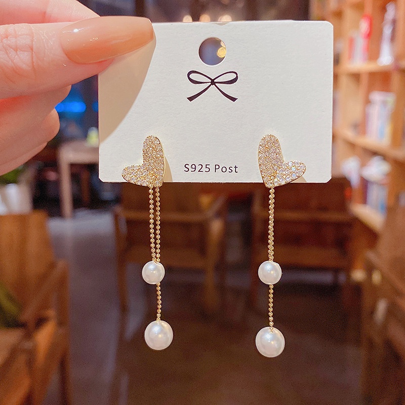 Anting Gantung Panjang Model Hati Dengan Rumbai Mutiara Bahan silver 925 Untuk Wanita
