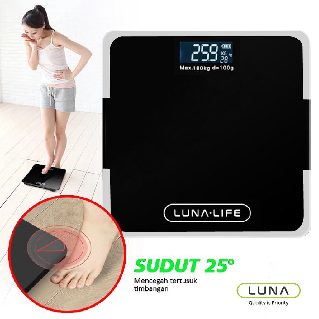 Lunalife Timbangan Badan Digital With USB Charging Anti Pecah With LCD GARANSI 3 TAHUN Official