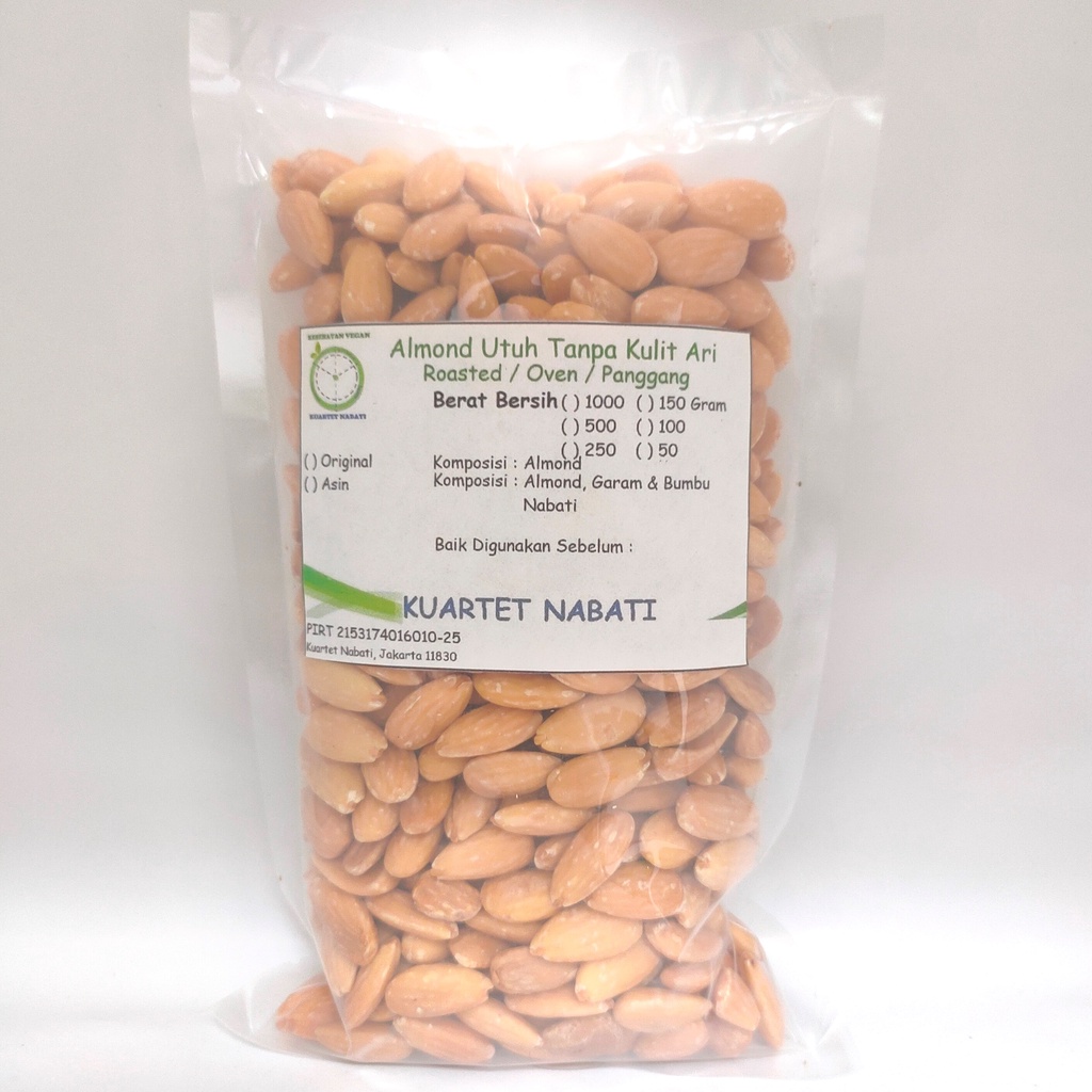 

500gr Roasted Almond Utuh Tanpa Kulit Ari/ Almond Whole Skinless Size Besar 27-30 Dengan Varian Rasa Original / Asin / Aktivasi