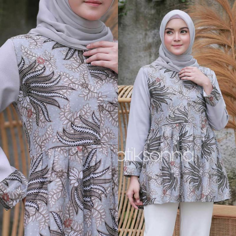 tey-17 Batik wanita ASJ SA HRB026 Kenongo Kemeja Tosca Pendek-S. PISANG ABU