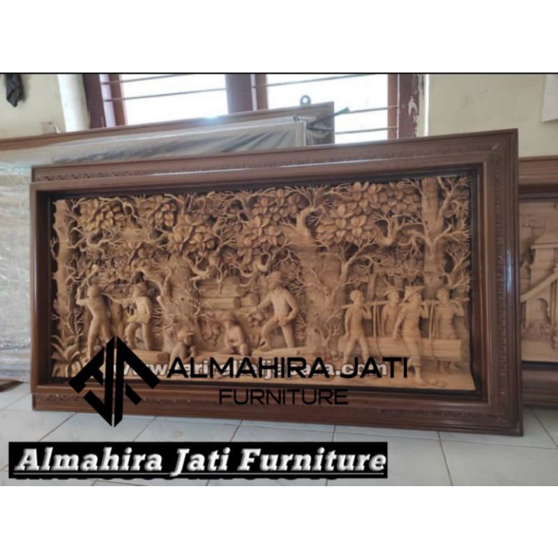 Hiasan Dinding Karya Seni Ukir Relief 3D Motif Penebang Hutan / Ukiran Relief 3D Kayu Jati